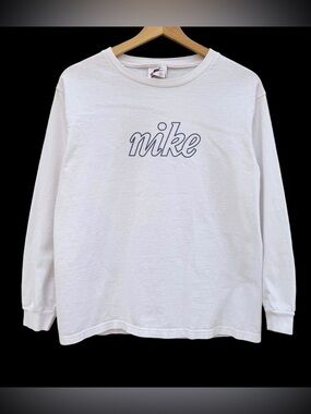 Youth Vintage 90s Nike Cursive Long Sleeve T-Shirt White Large (14-16) USA